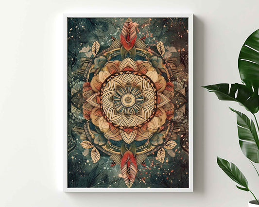 Framed Image of Earth Tone Mandalas Boho Flowers and Feathers Wall Art Poster Prints