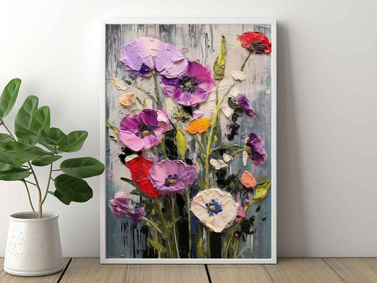 Framed Image of Colourful Flowers Palette Impasto Thick Oil Painting Wall Art Prints