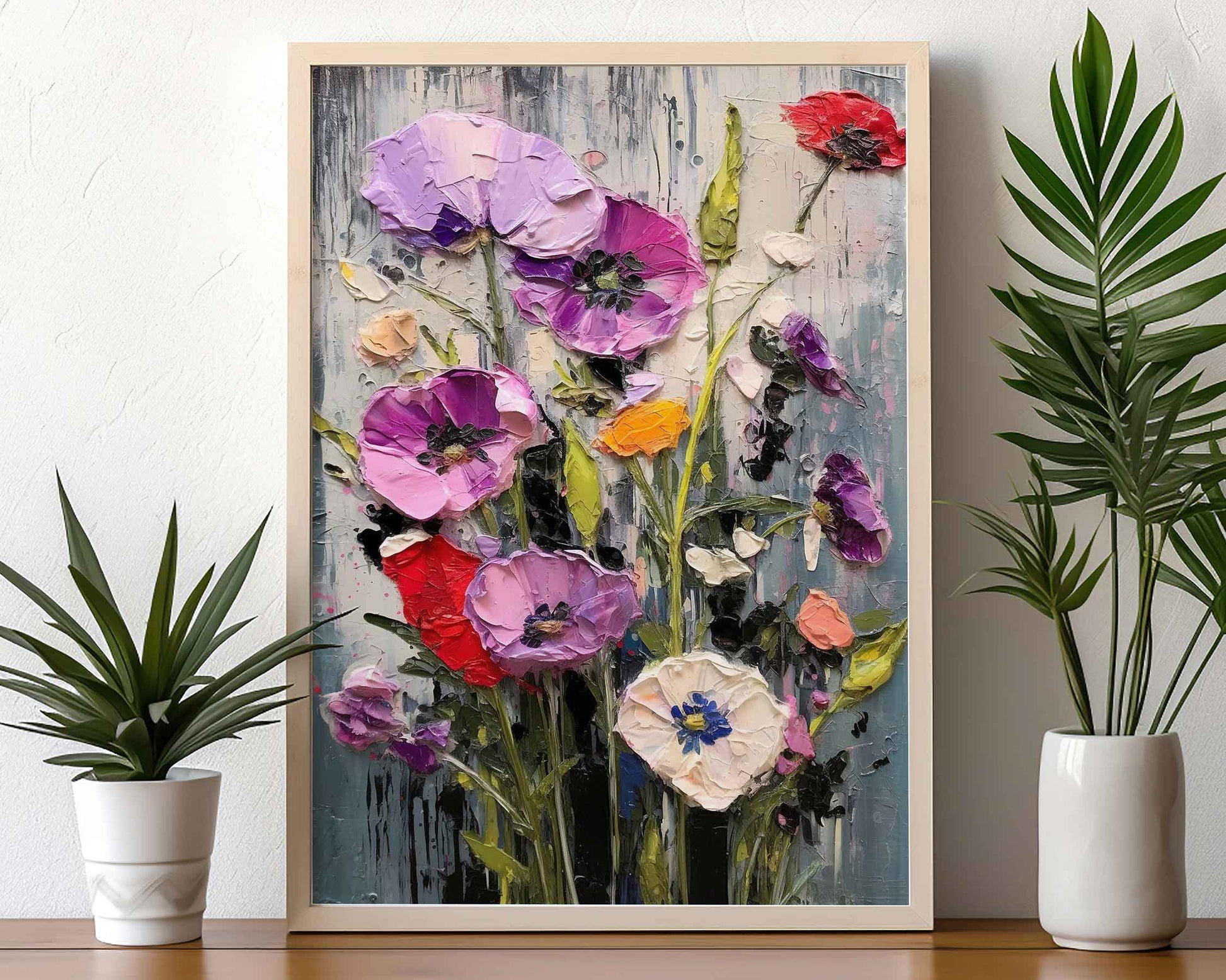 Framed Image of Colourful Flowers Palette Impasto Thick Oil Painting Wall Art Prints