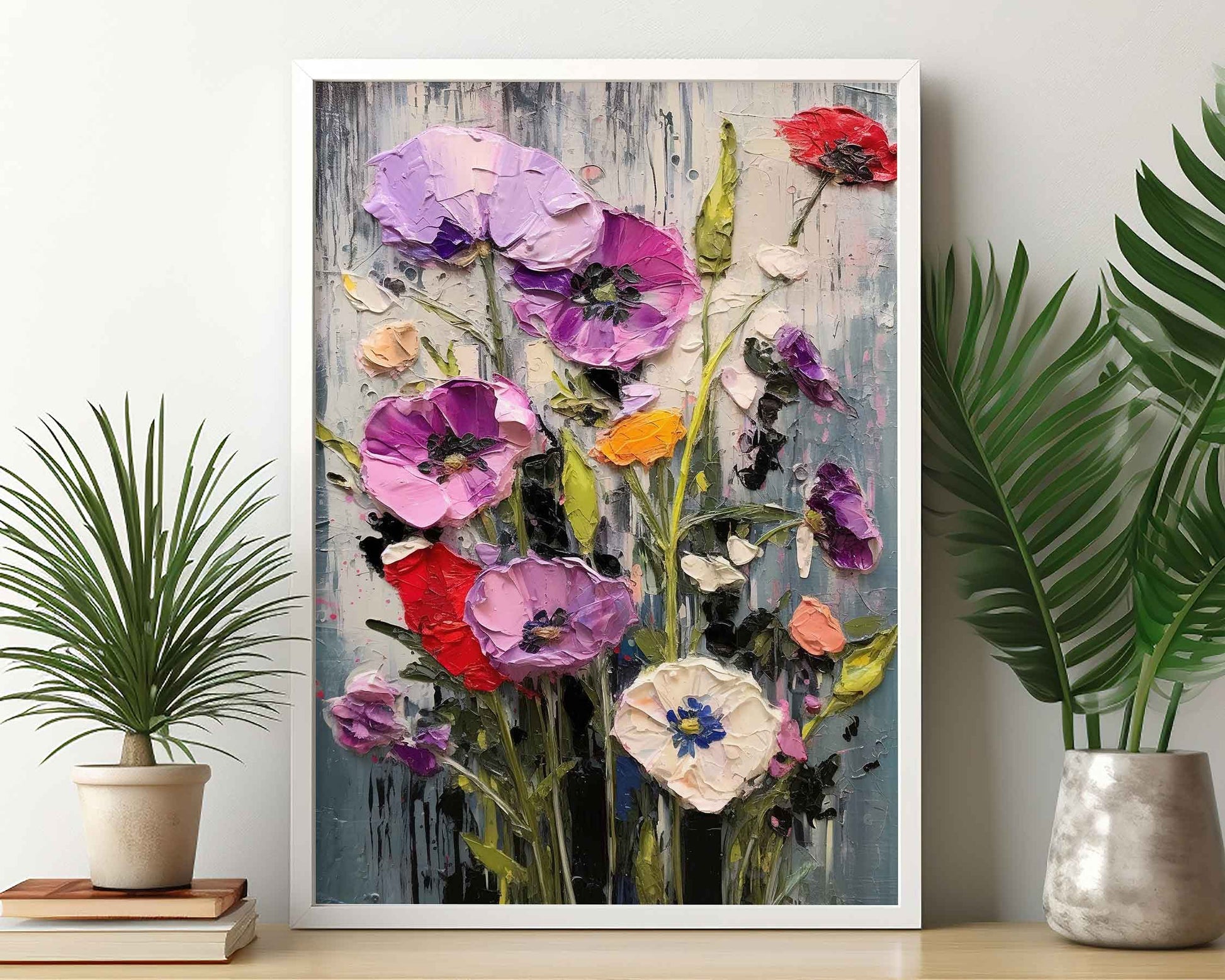 Framed Image of Colourful Flowers Palette Impasto Thick Oil Painting Wall Art Prints