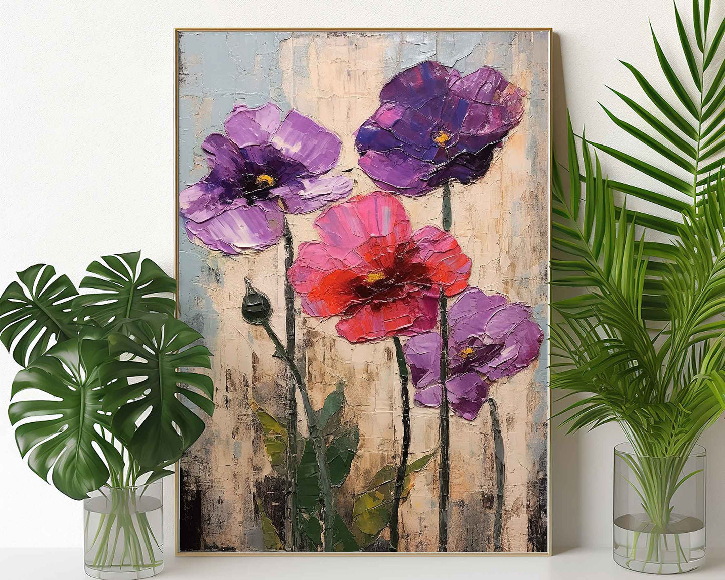 Framed Image of Colourful Flowers Oil Painting Impasto Thick Palette Wall Art Prints
