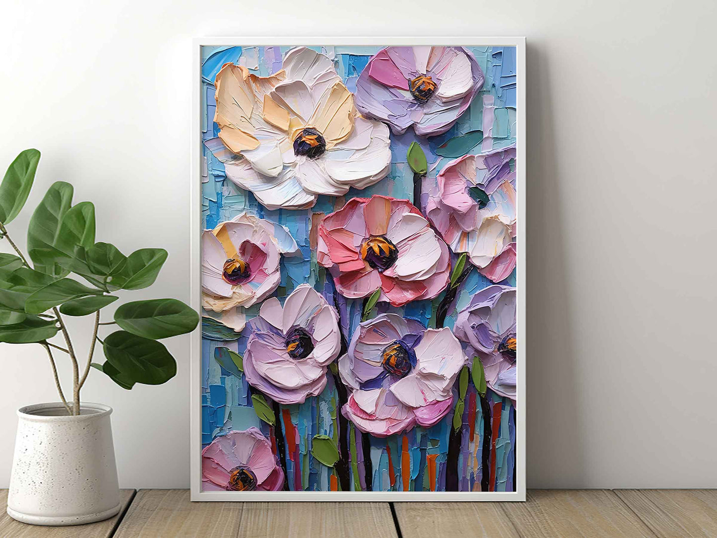 Framed Image of Colourful Flowers Oil Painting Palette Impasto Thick Wall Art Prints