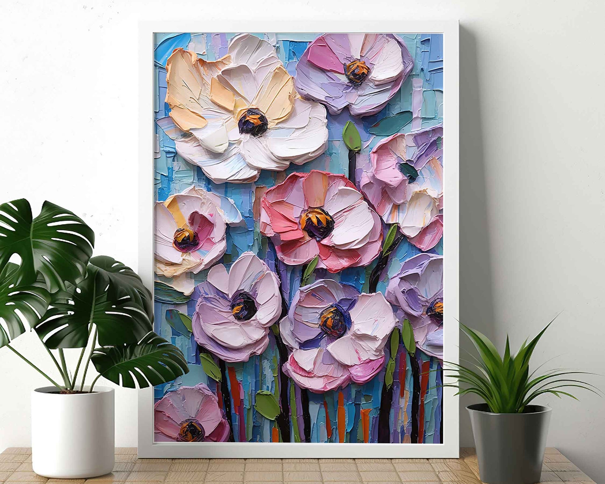 Framed Image of Colourful Flowers Oil Painting Palette Impasto Thick Wall Art Prints
