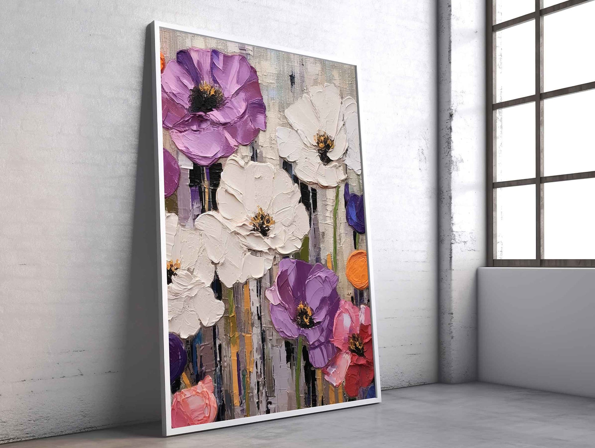 Framed Image of Colourful Flowers Oil Painting Wall Art Prints Thick Impasto Palette