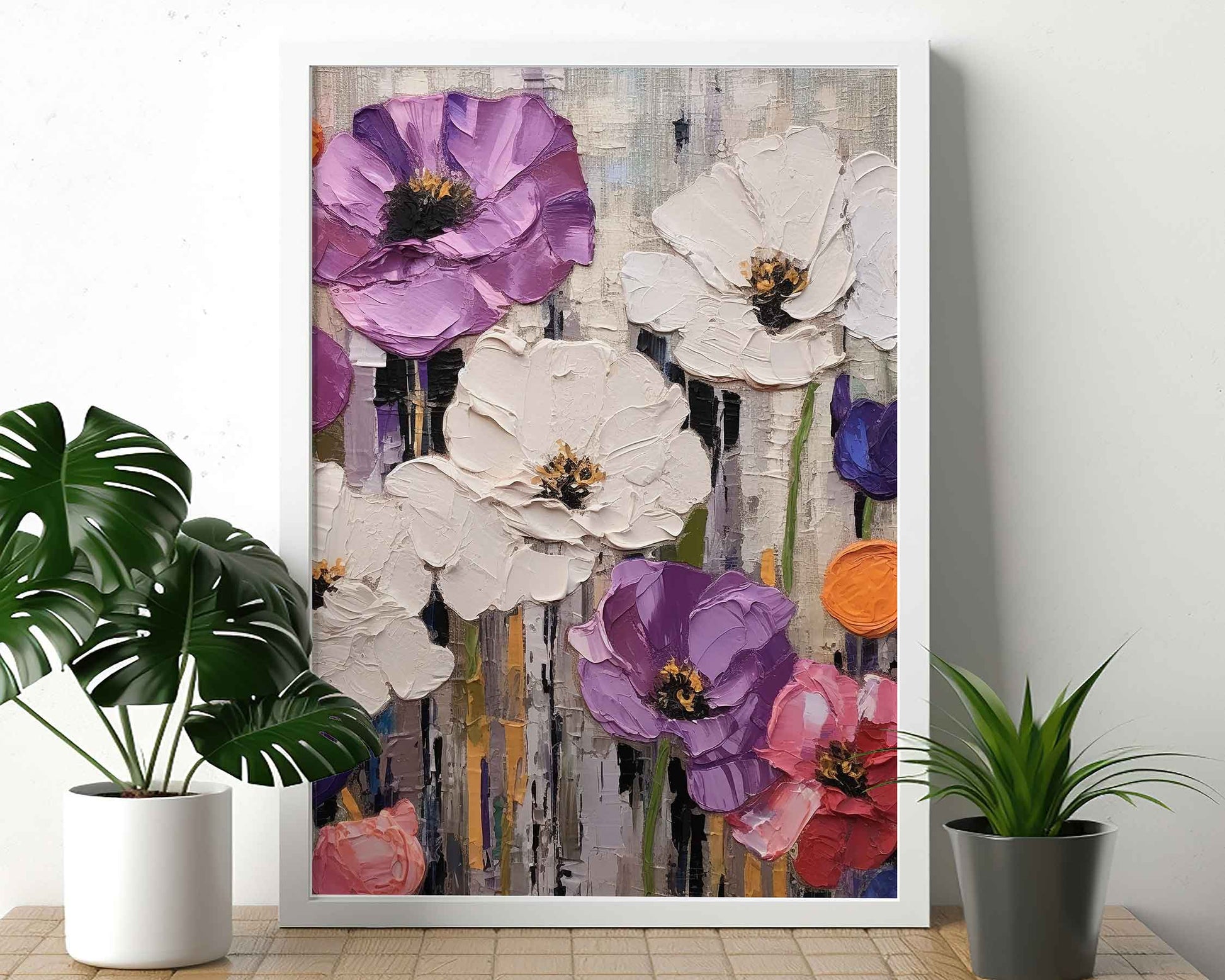 Framed Image of Colourful Flowers Oil Painting Wall Art Prints Thick Impasto Palette