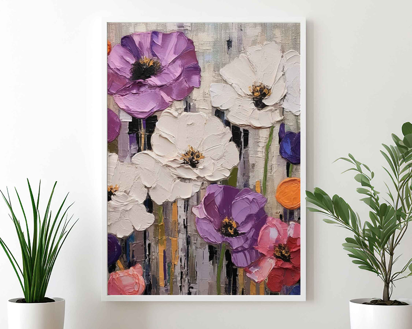 Framed Image of Colourful Flowers Oil Painting Wall Art Prints Thick Impasto Palette