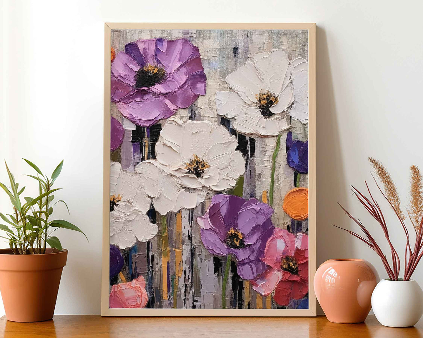 Framed Image of Colourful Flowers Oil Painting Wall Art Prints Thick Impasto Palette