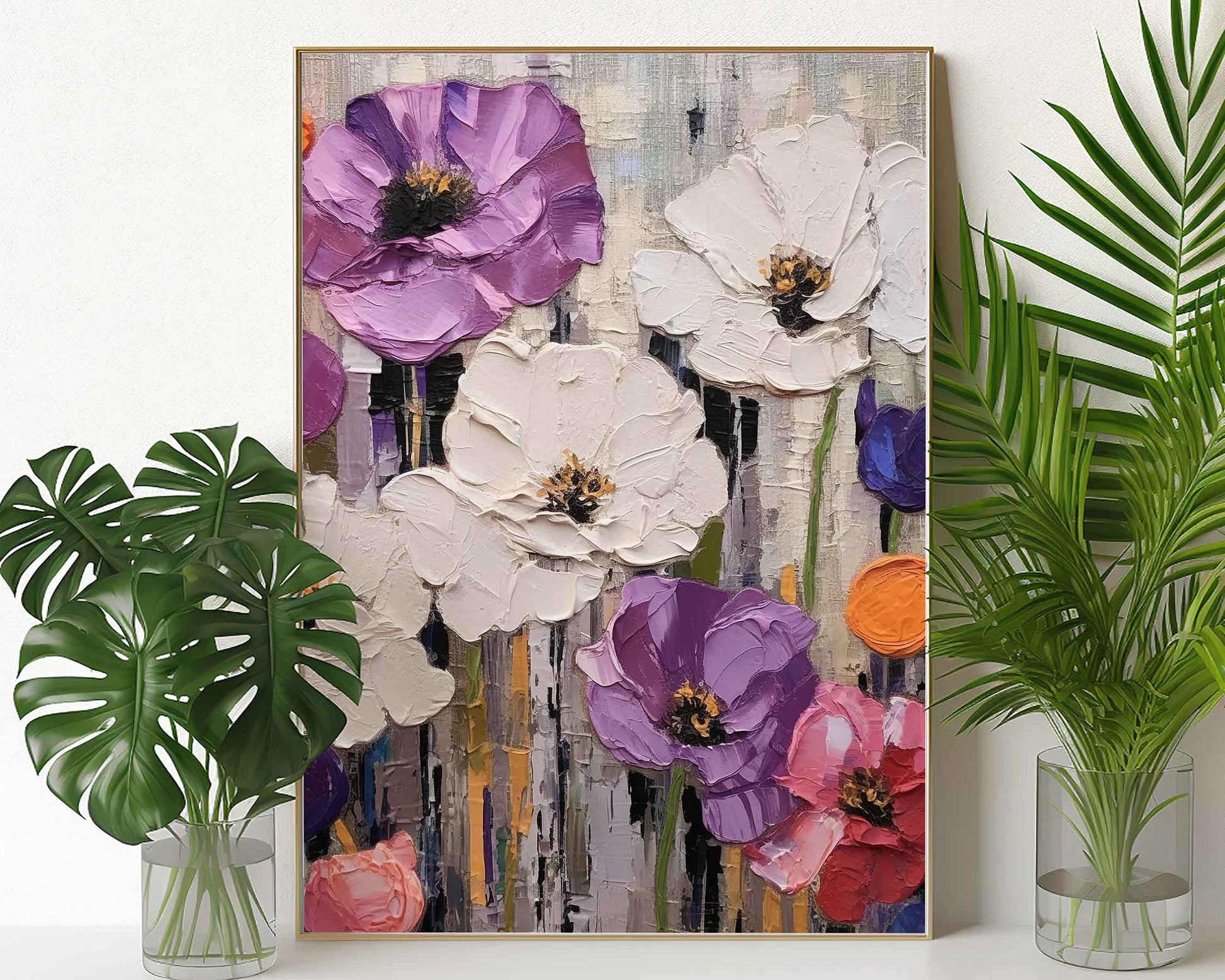 Framed Image of Colourful Flowers Oil Painting Wall Art Prints Thick Impasto Palette