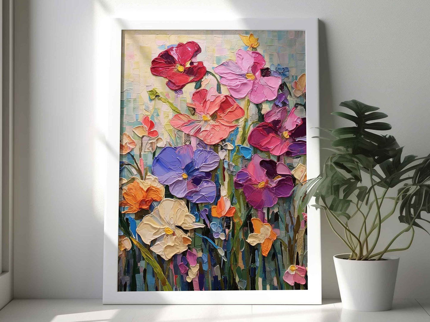 Framed Image of Colourful Flowers Oil Painting Wall Art Prints Palette Thick Impasto