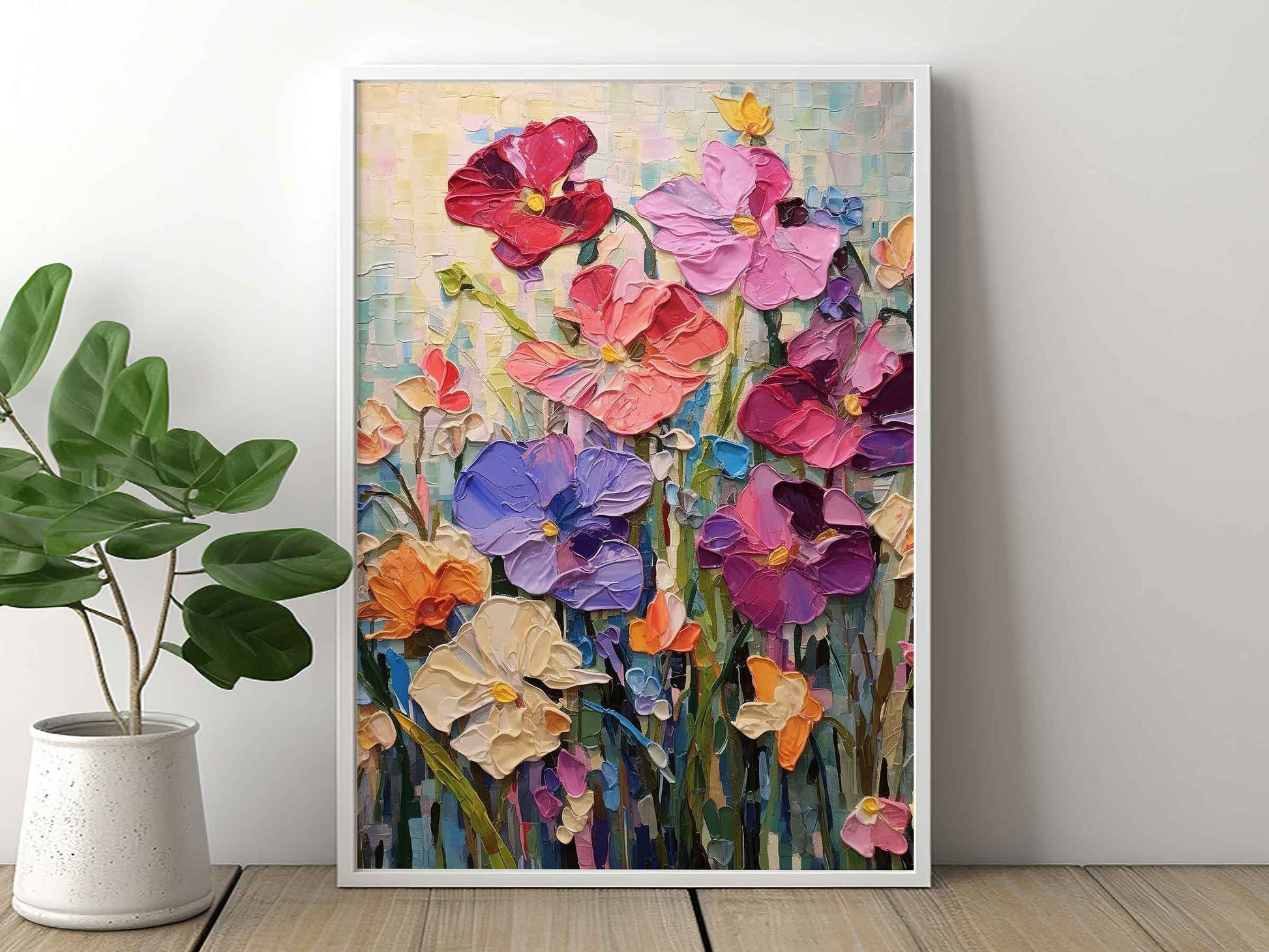 Framed Image of Colourful Flowers Oil Painting Wall Art Prints Palette Thick Impasto