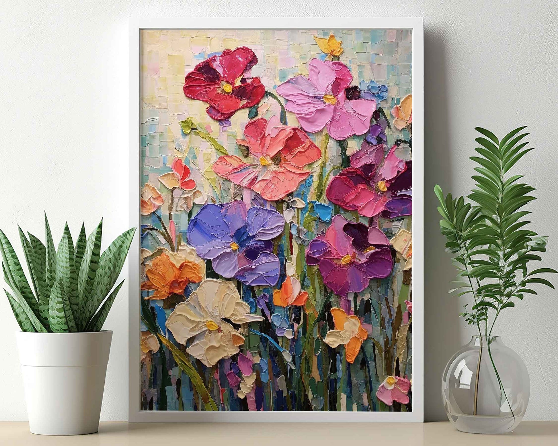 Framed Image of Colourful Flowers Oil Painting Wall Art Prints Palette Thick Impasto