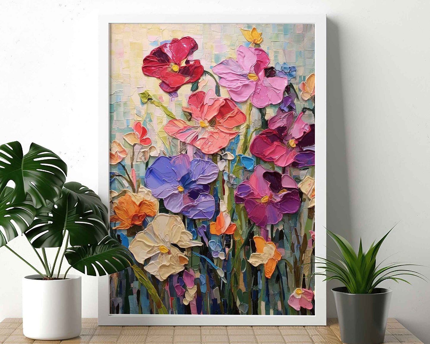 Framed Image of Colourful Flowers Oil Painting Wall Art Prints Palette Thick Impasto