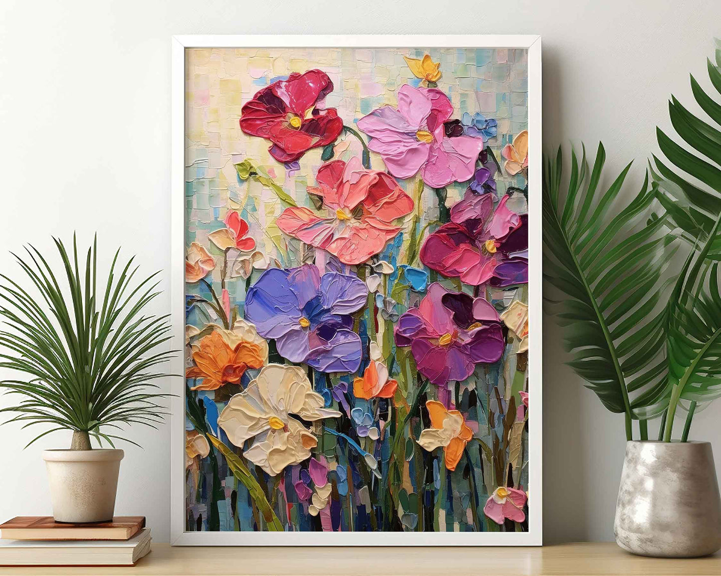 Framed Image of Colourful Flowers Oil Painting Wall Art Prints Palette Thick Impasto