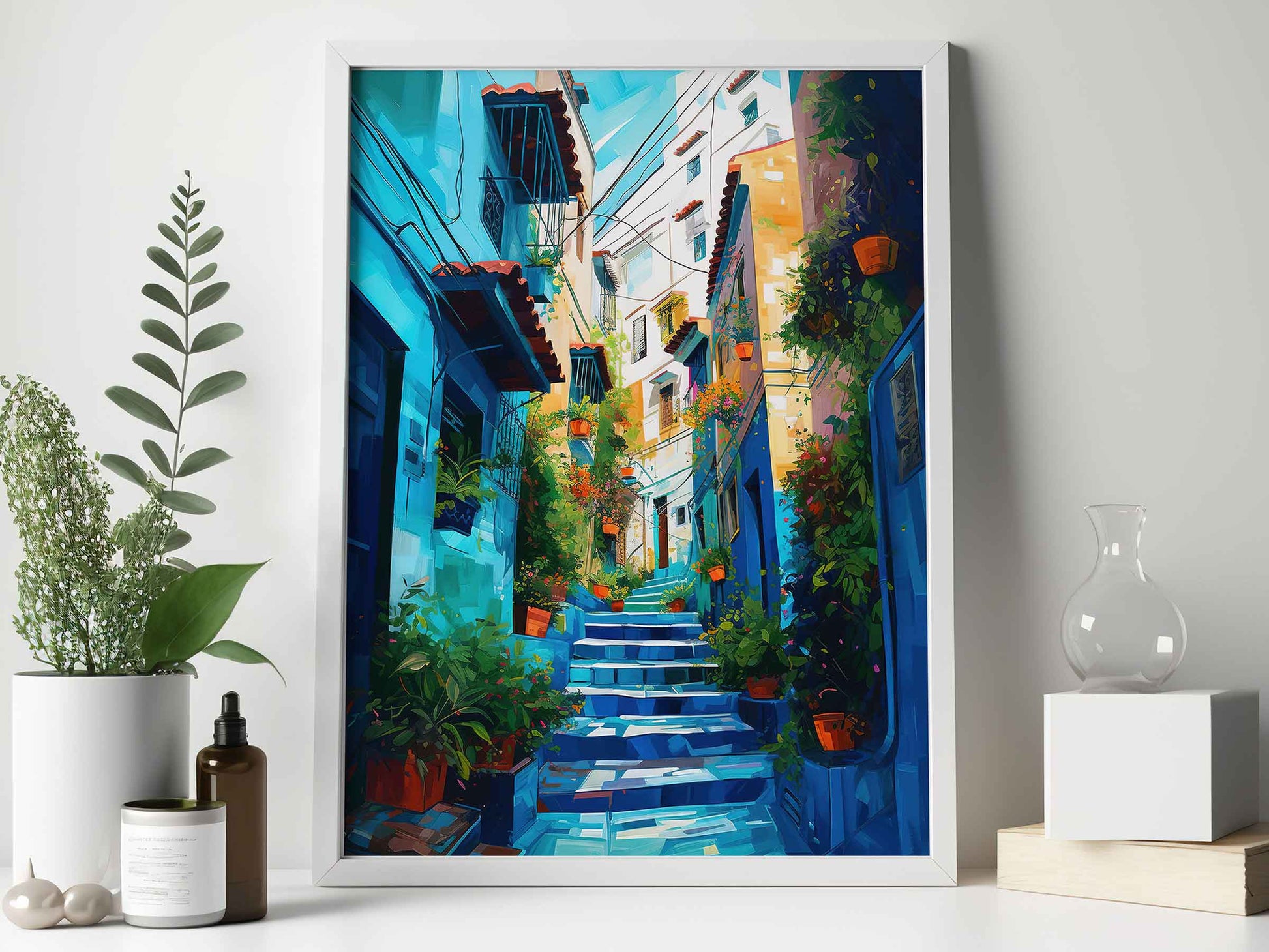 Framed Image of Chefchaouen Colourful Blue Streets of Morocco Abstract Wall Art Prints