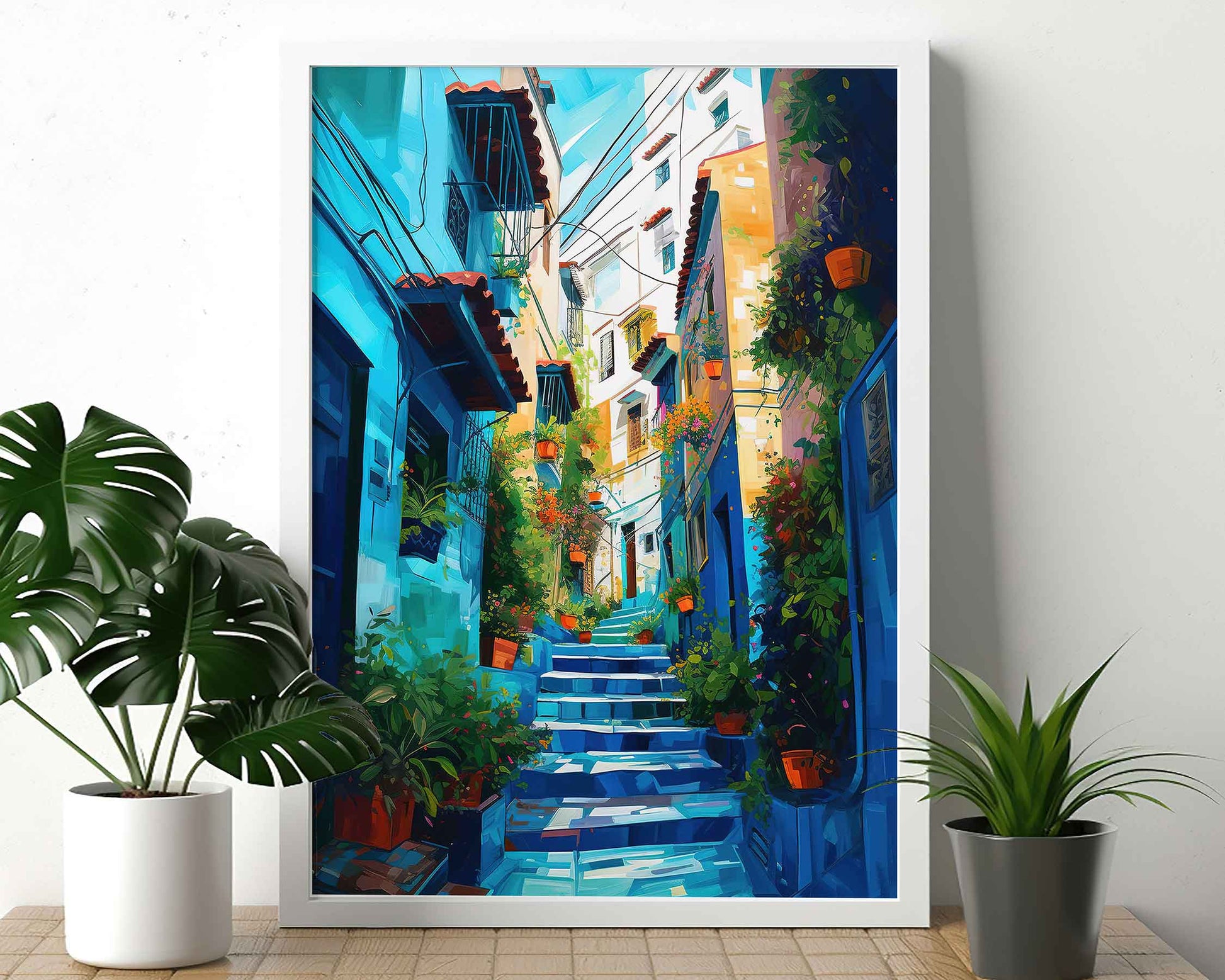 Framed Image of Chefchaouen Colourful Blue Streets of Morocco Abstract Wall Art Prints