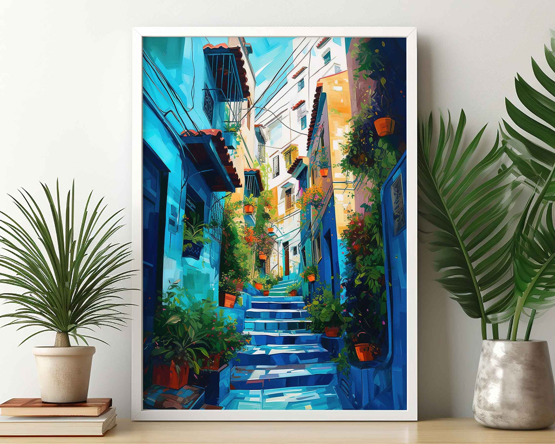 Framed Image of Chefchaouen Colourful Blue Streets of Morocco Abstract Wall Art Prints