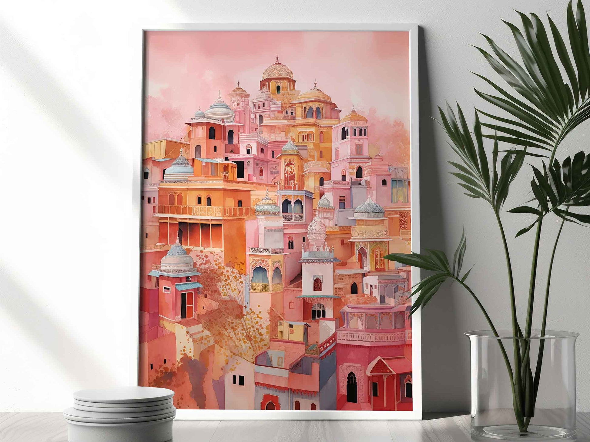 Framed Image of Pink Buildings of Jaipur Colourful Watercolour Wall Art Prints