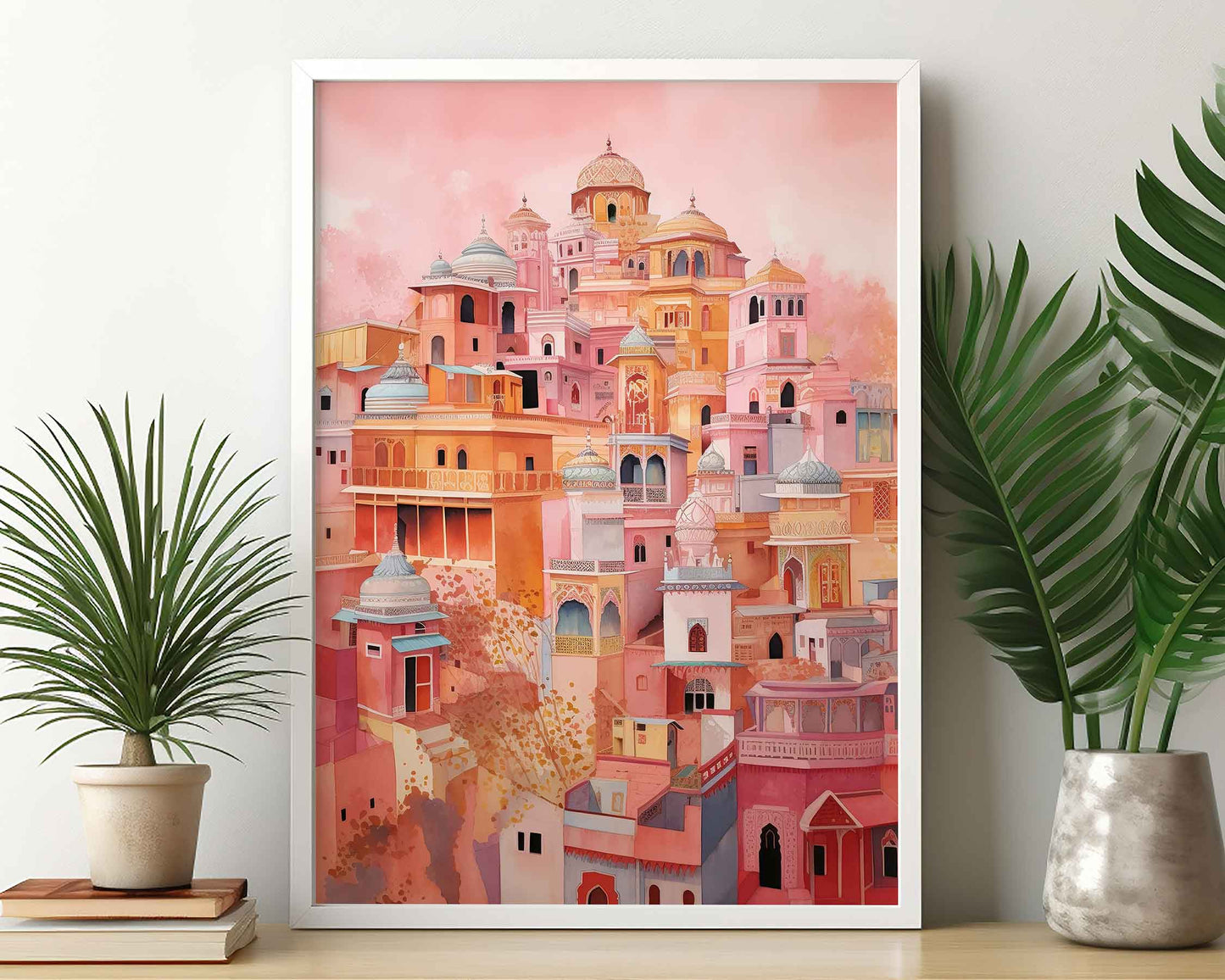 Framed Image of Pink Buildings of Jaipur Colourful Watercolour Wall Art Prints