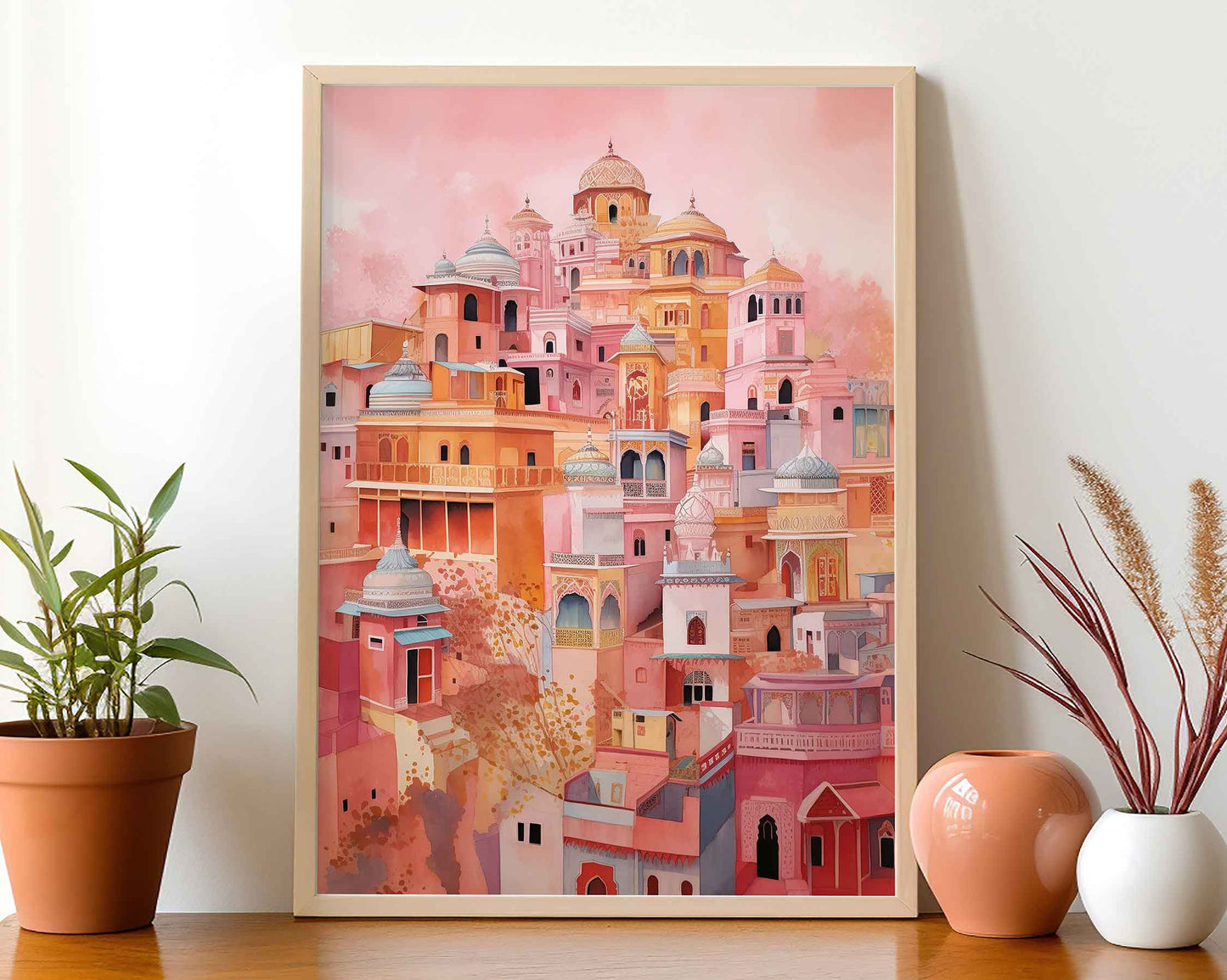 Framed Image of Pink Buildings of Jaipur Colourful Watercolour Wall Art Prints