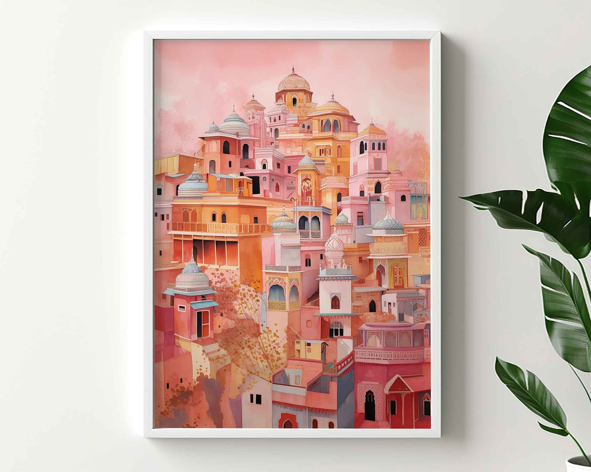 Framed Image of Pink Buildings of Jaipur Colourful Watercolour Wall Art Prints