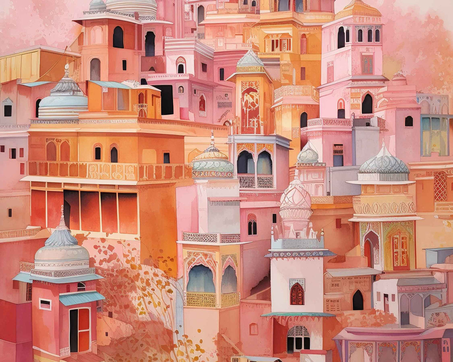 Framed Image of Pink Buildings of Jaipur Colourful Watercolour Wall Art Prints