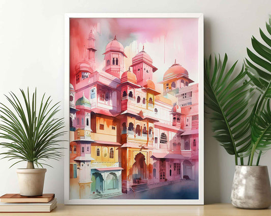 Framed Image of Colourful Jaipur Pink Buildings Watercolour Wall Art Prints