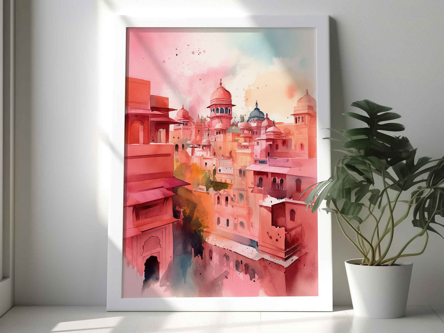 Framed Image of Jaipur Colourful Watercolour Pink Buildings Wall Art Prints