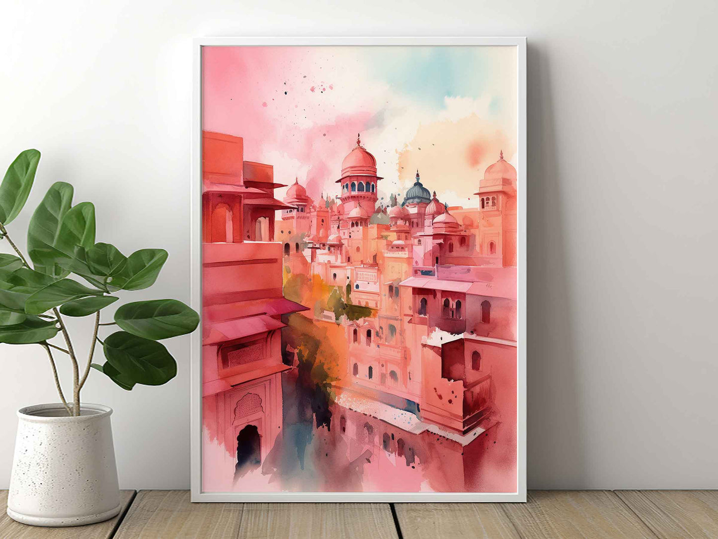 Framed Image of Jaipur Colourful Watercolour Pink Buildings Wall Art Prints