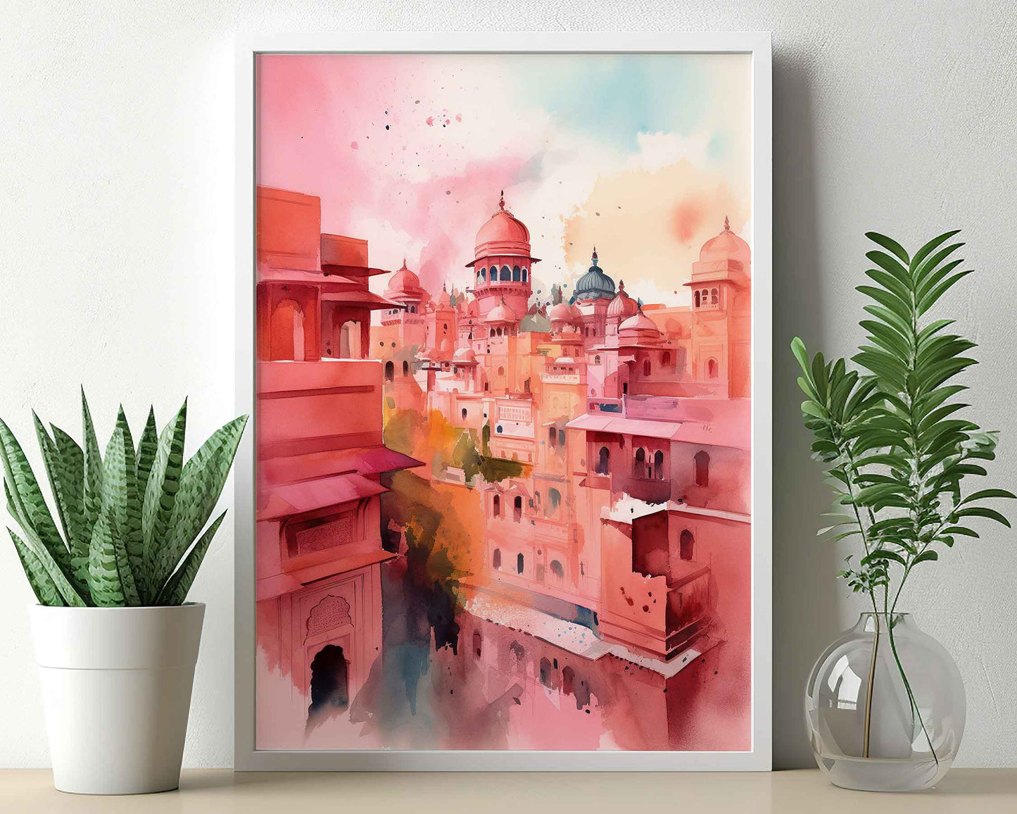 Framed Image of Jaipur Colourful Watercolour Pink Buildings Wall Art Prints