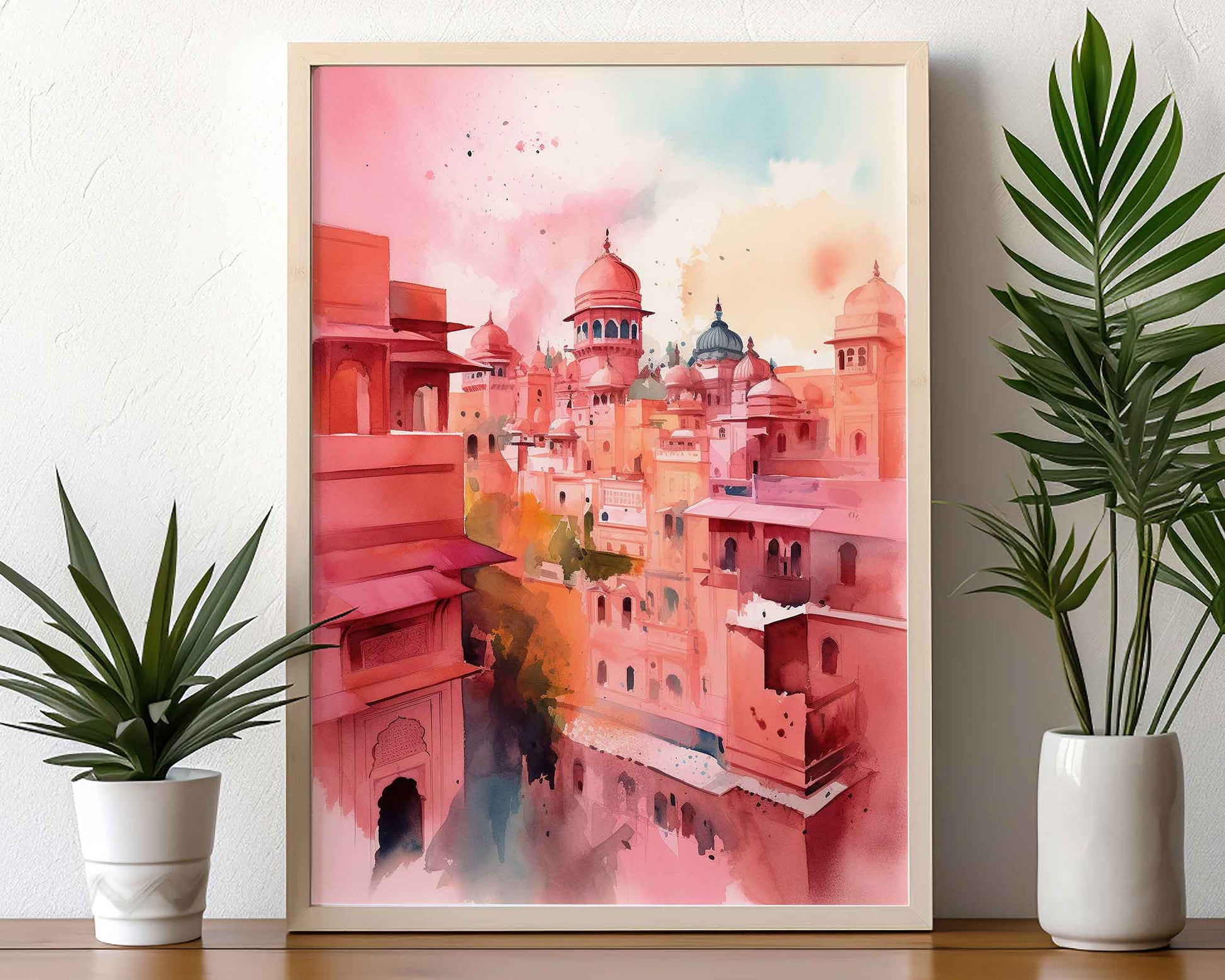 Framed Image of Jaipur Colourful Watercolour Pink Buildings Wall Art Prints