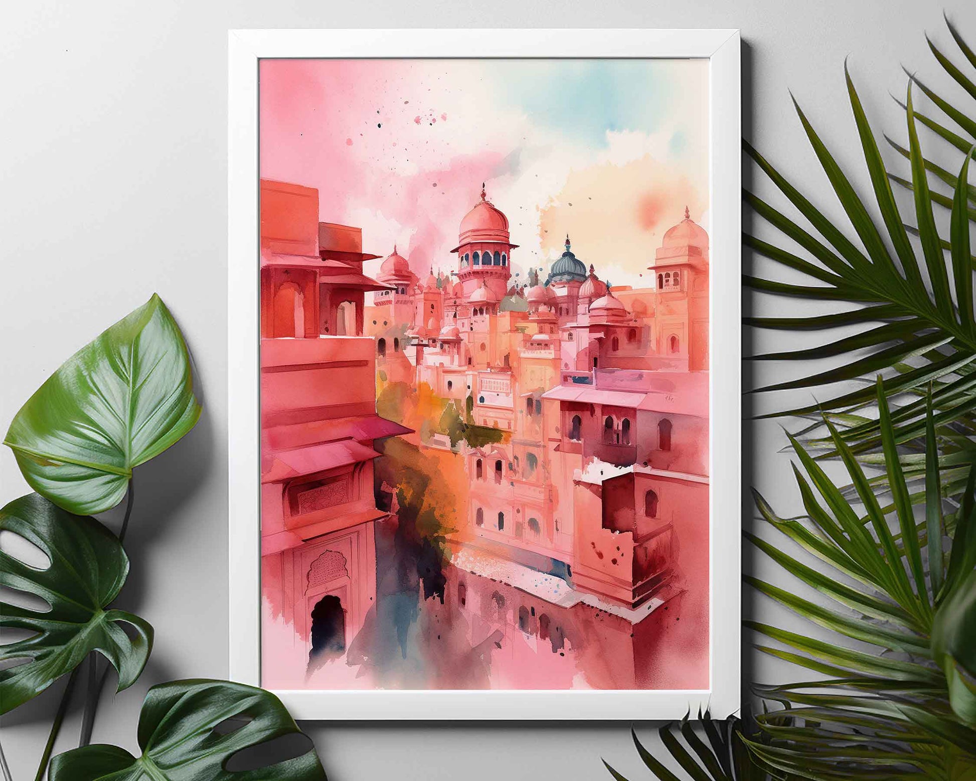 Framed Image of Jaipur Colourful Watercolour Pink Buildings Wall Art Prints
