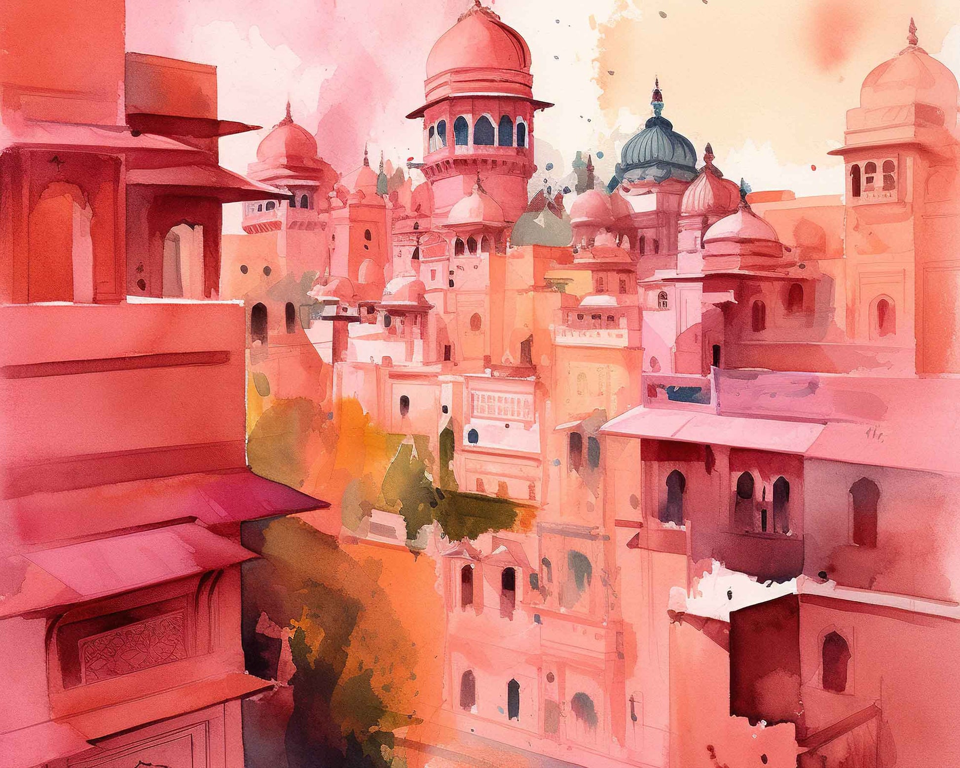 Framed Image of Jaipur Colourful Watercolour Pink Buildings Wall Art Prints