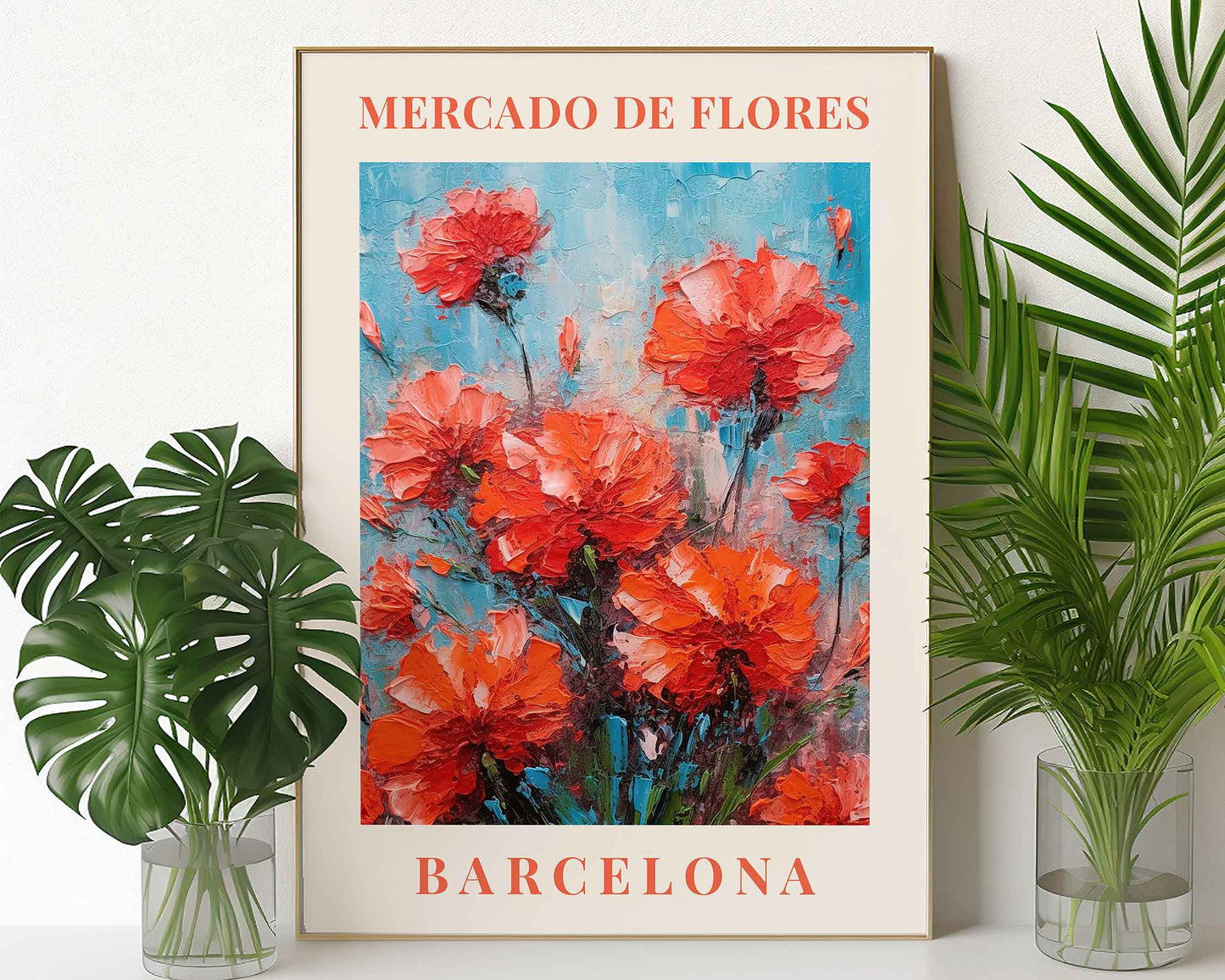 Framed Image of Barcelona Flower Market Prints Vintage Boho Botanical Painting Wall Art Posters