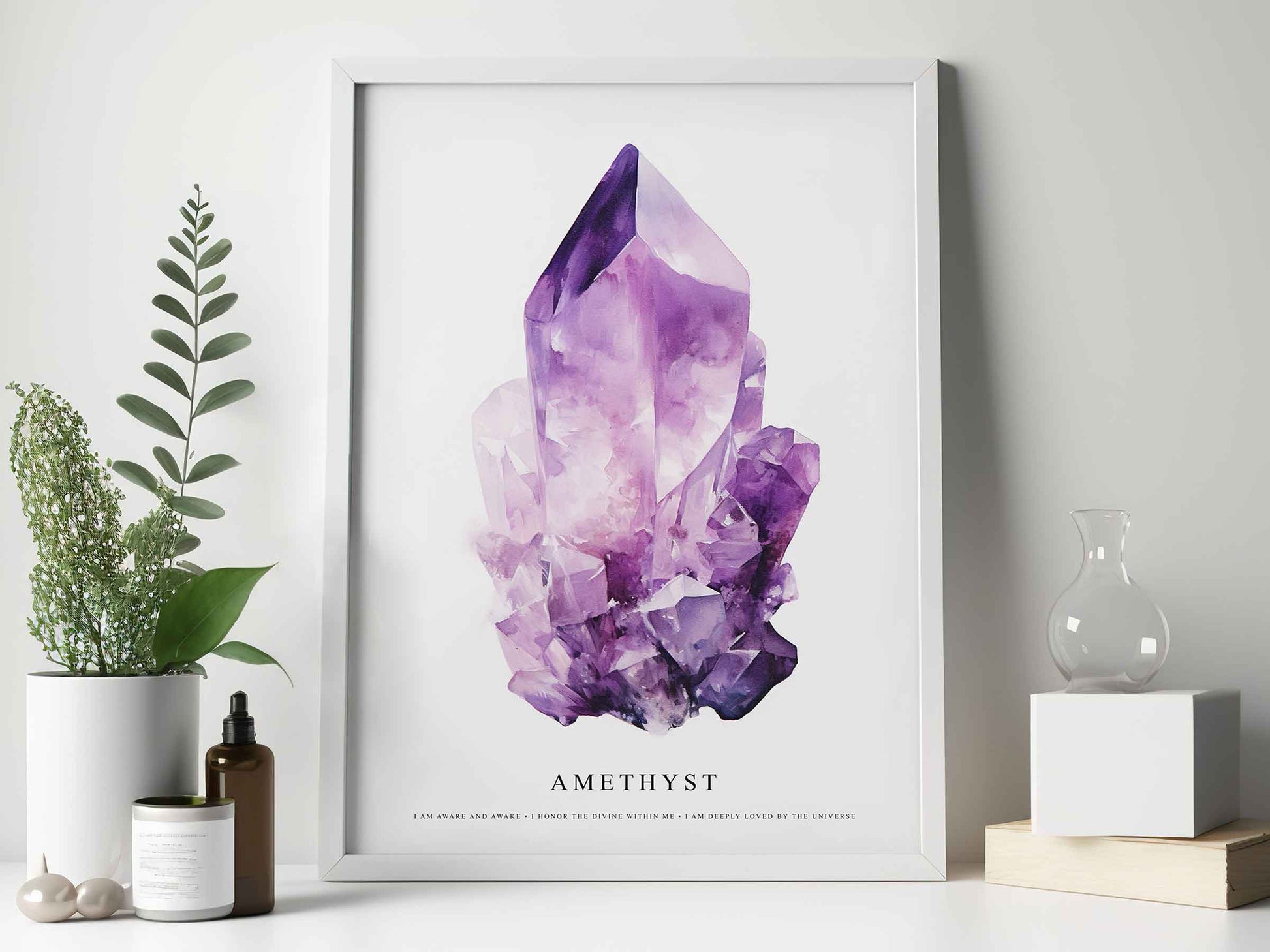 Framed Image of Amethyst Gemstone Affirmations Spiritual Crystal Manifestation Wall Art Prints