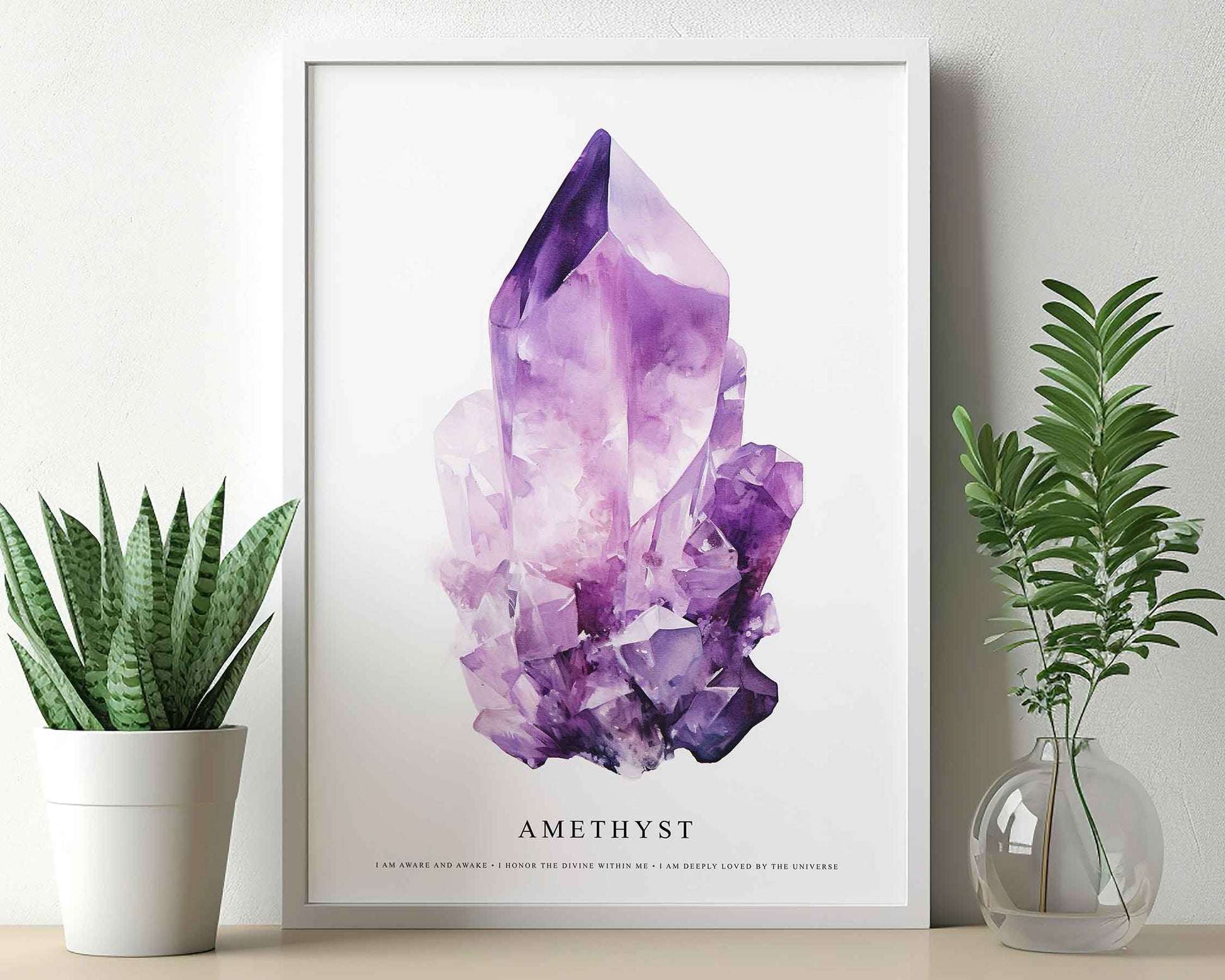 Framed Image of Amethyst Gemstone Affirmations Spiritual Crystal Manifestation Wall Art Prints