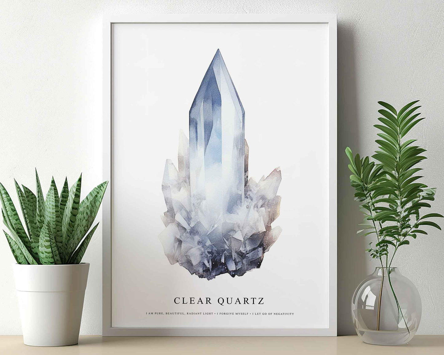 Framed Image of Clear Quartz Gemstone Affirmations Spiritual Crystal Manifestation Wall Art Prints