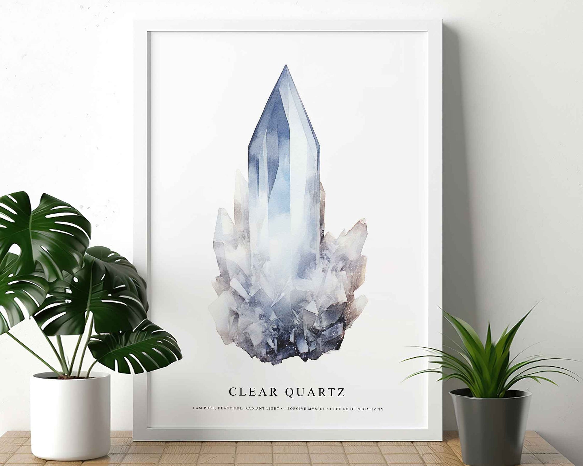 Framed Image of Clear Quartz Gemstone Affirmations Spiritual Crystal Manifestation Wall Art Prints