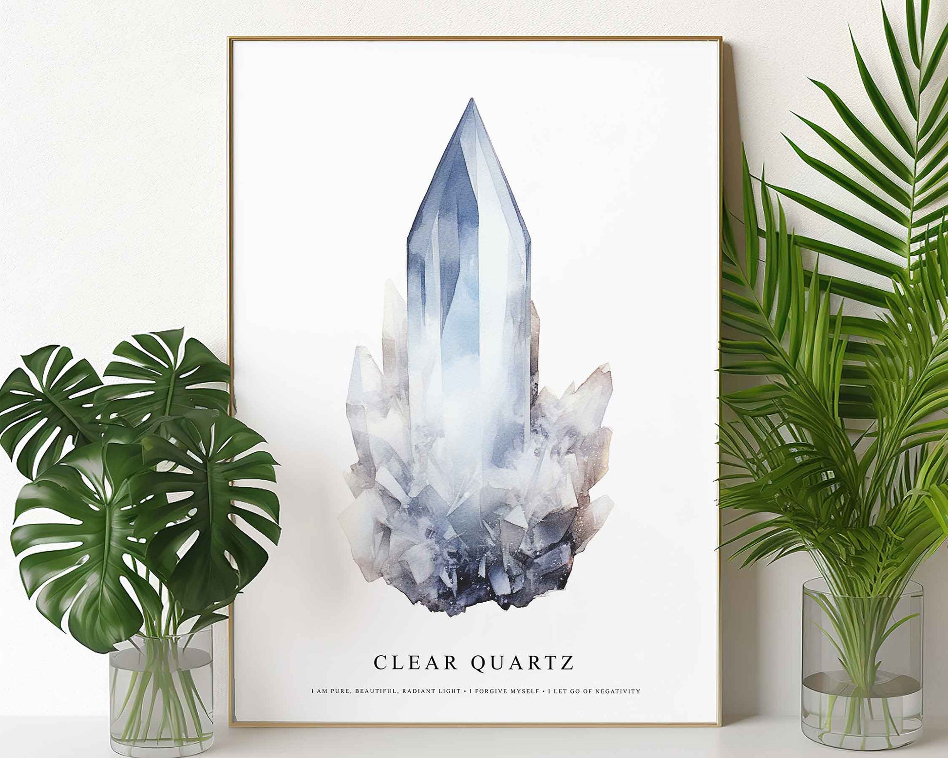 Framed Image of Clear Quartz Gemstone Affirmations Spiritual Crystal Manifestation Wall Art Prints