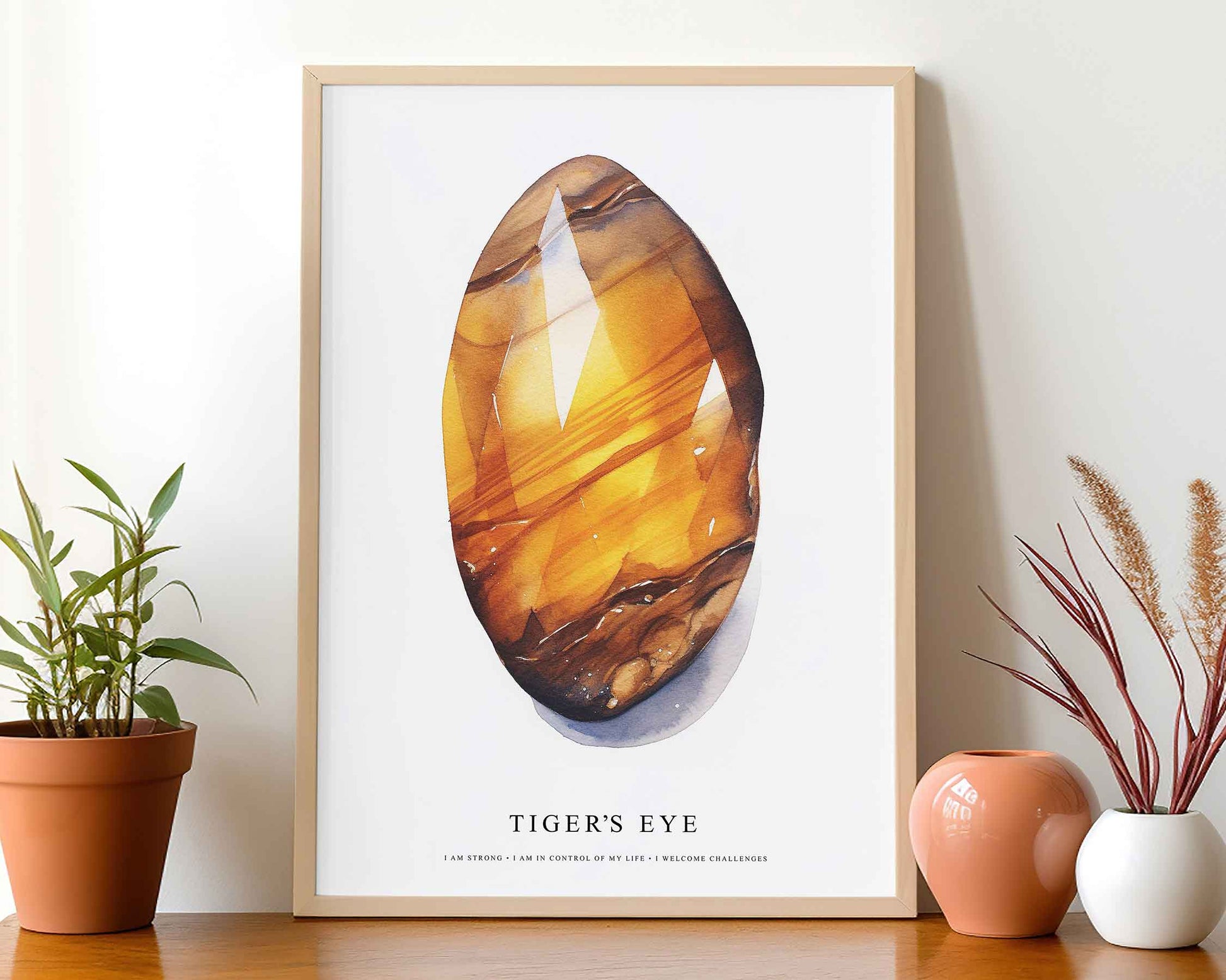 Framed Image of Tiger's Eye Gemstone Spiritual Manifestation Crystal Affirmations Wall Art Prints