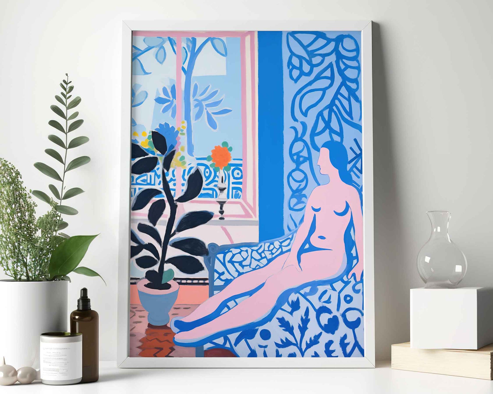 Framed Image of Matisse Art Style Print Blue Themed Wall Poster Oil Paintings