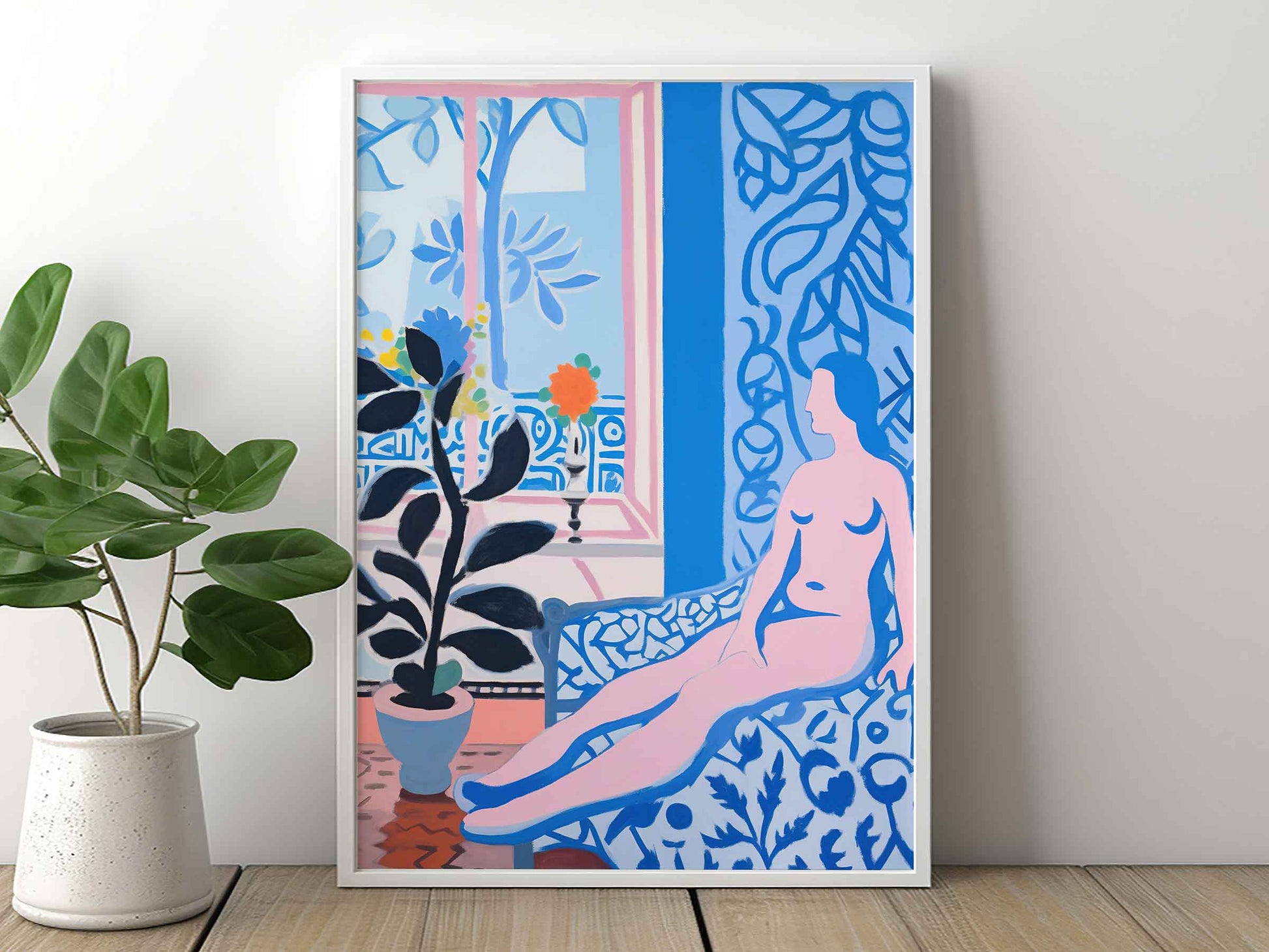 Framed Image of Matisse Art Style Print Blue Themed Wall Poster Oil Paintings