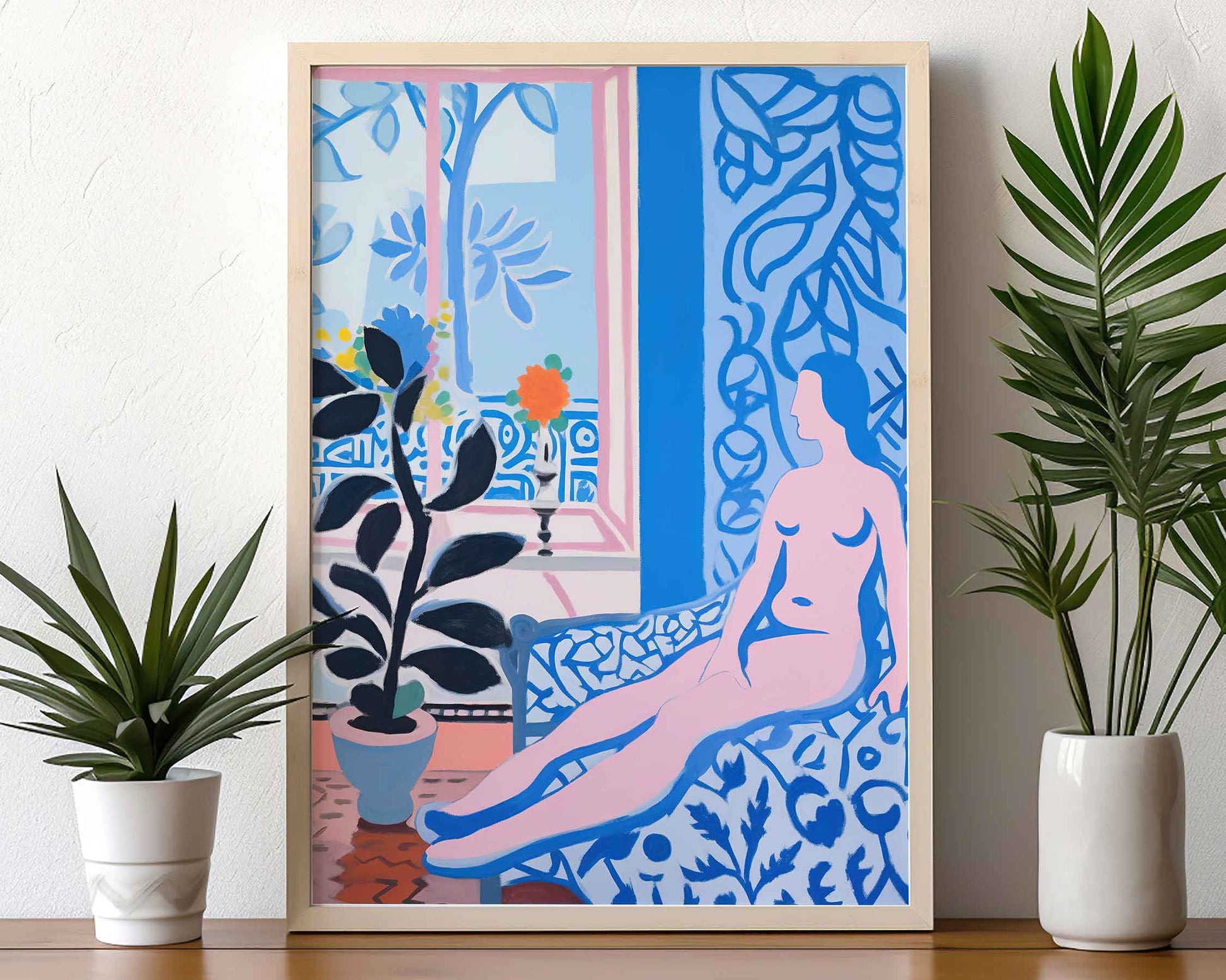 Framed Image of Matisse Art Style Print Blue Themed Wall Poster Oil Paintings