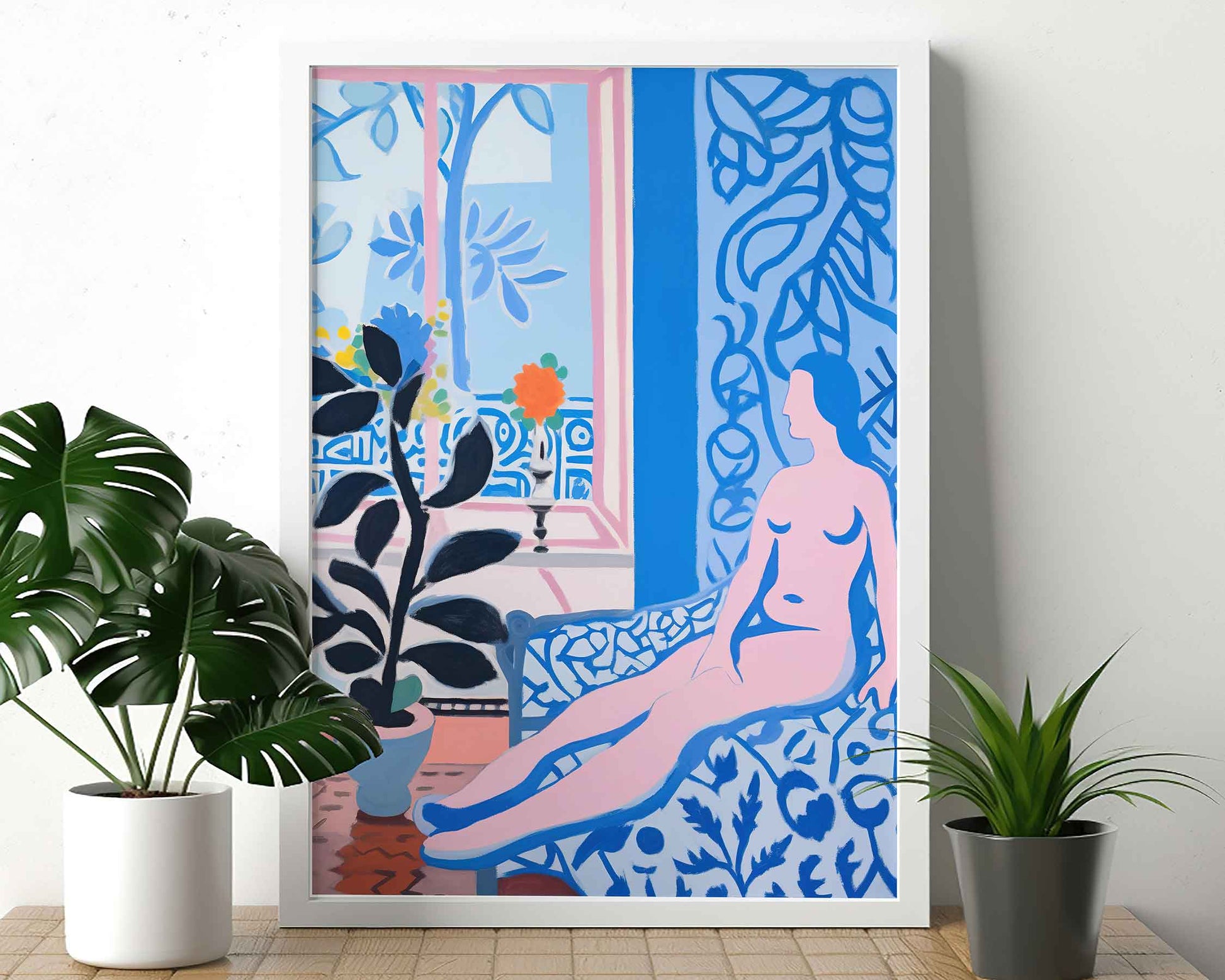 Framed Image of Matisse Art Style Print Blue Themed Wall Poster Oil Paintings