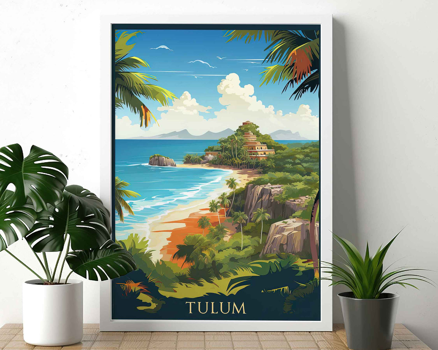 Framed Image of Tulum Tourism Poster Travel Wall Art Print, Mexico Illustration