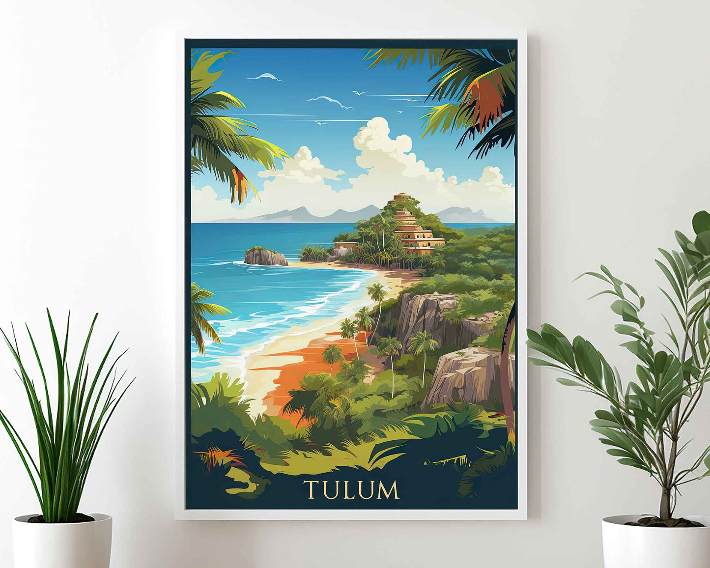 Framed Image of Tulum Tourism Poster Travel Wall Art Print, Mexico Illustration