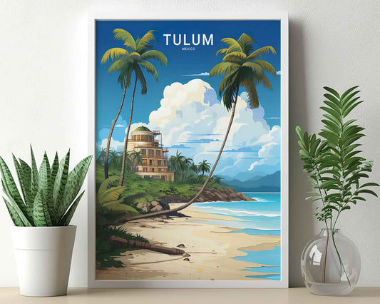 Framed Image of Tulum Mexico Wall Art Travel Print Poster Tourism Illustration