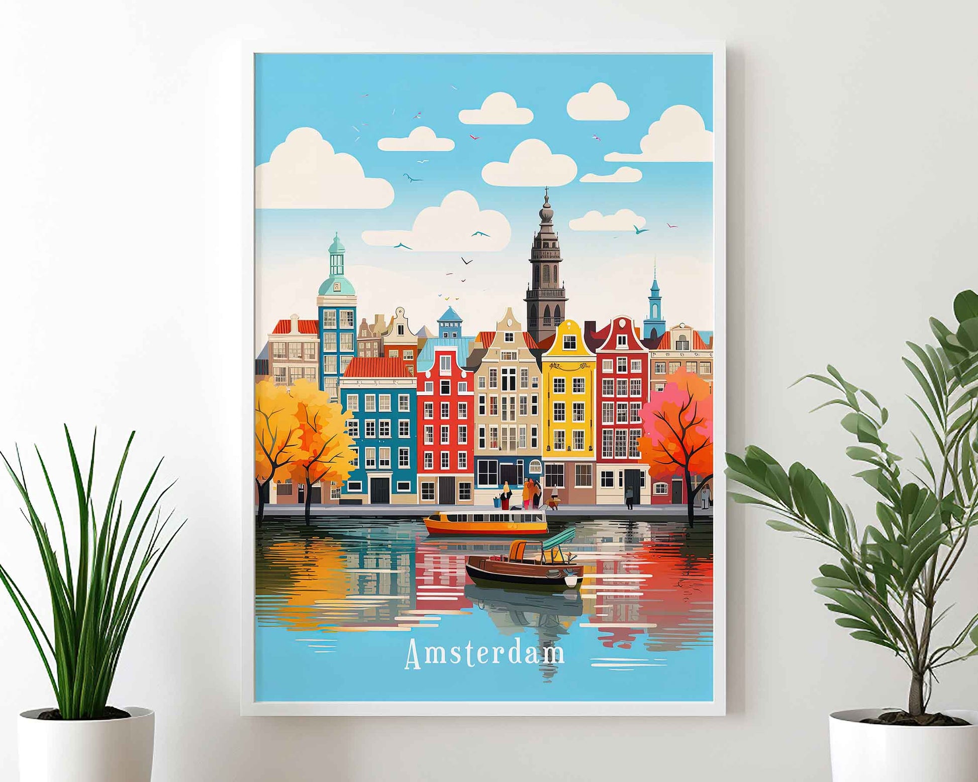 Framed Image of Amsterdam Travel Poster Wall Art Print Holland Illustration