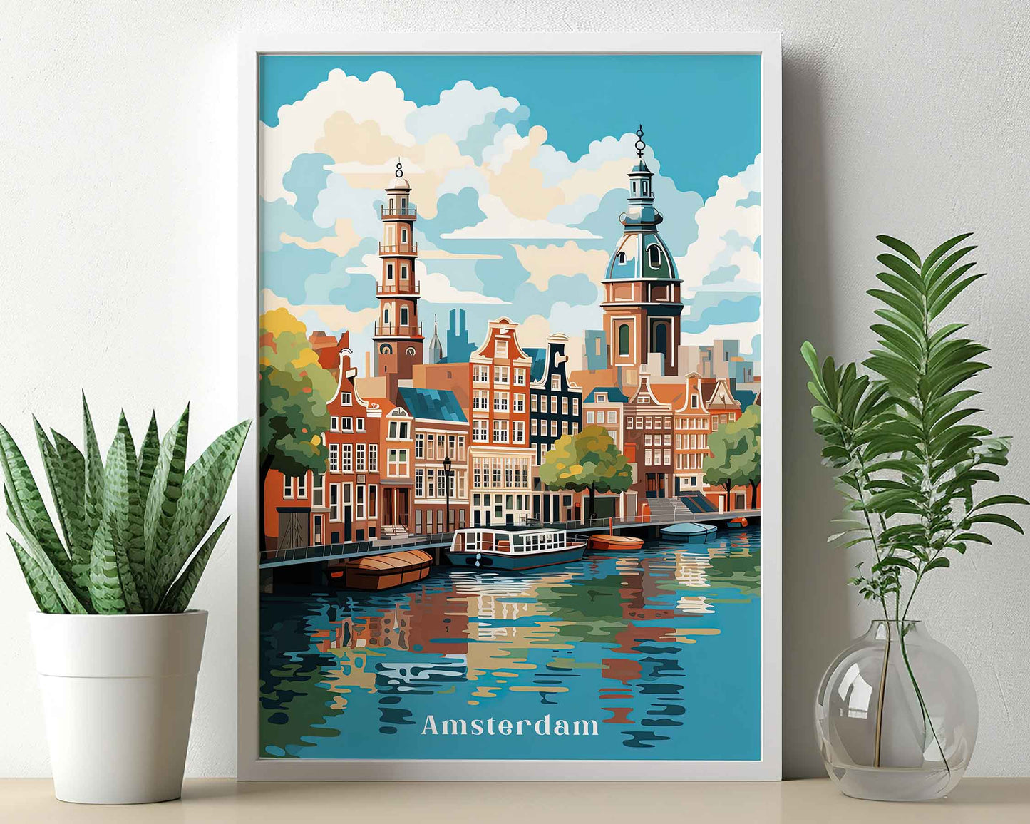 Framed Image of Amsterdam Travel Print Holland Wall Art Poster Illustration