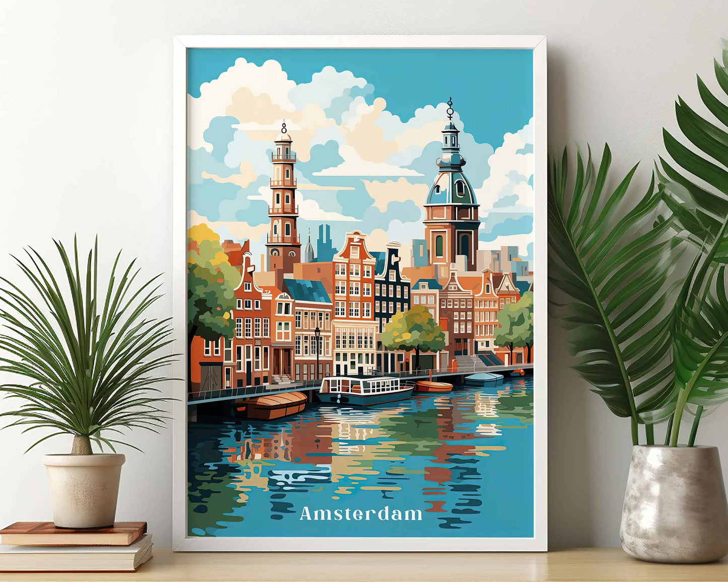 Framed Image of Amsterdam Travel Print Holland Wall Art Poster Illustration