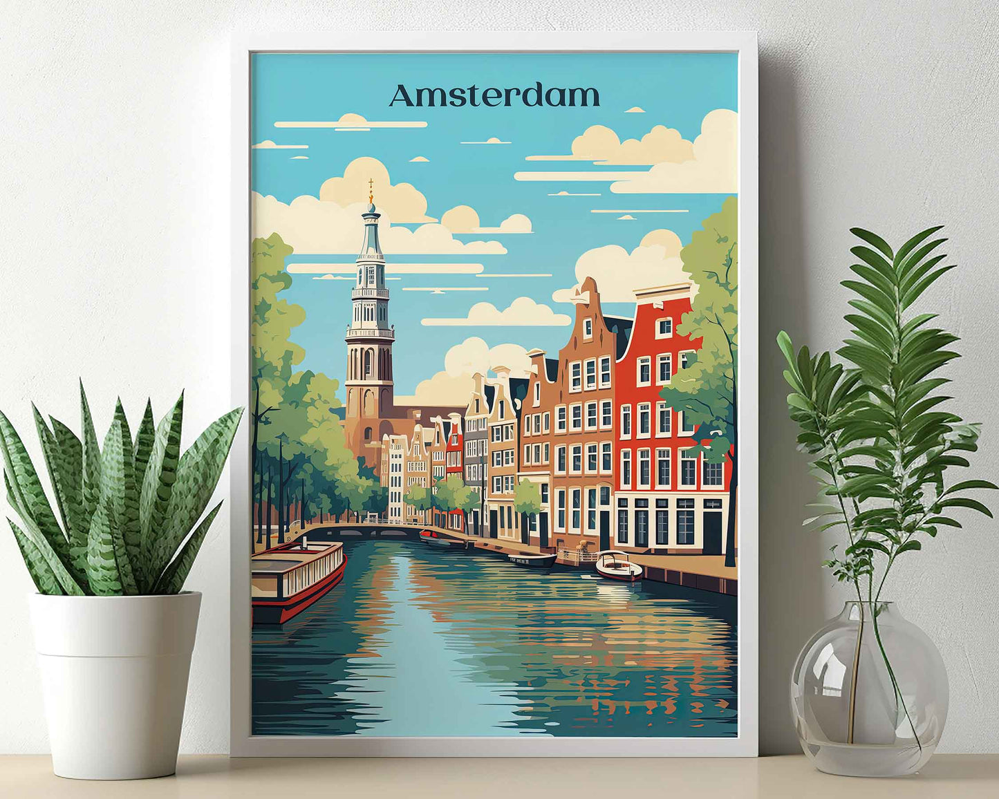 Framed Image of Amsterdam Travel Print Wall Art Poster Holland Illustration